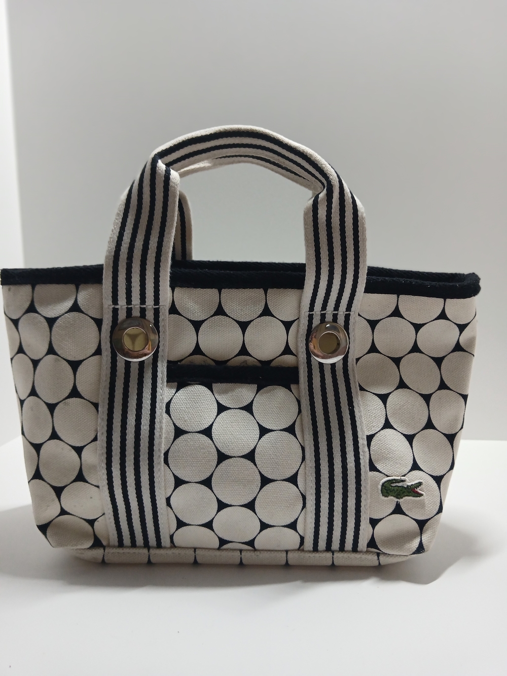Lacoste Polka Dot Canvas Mini Tote Bag in White and Black